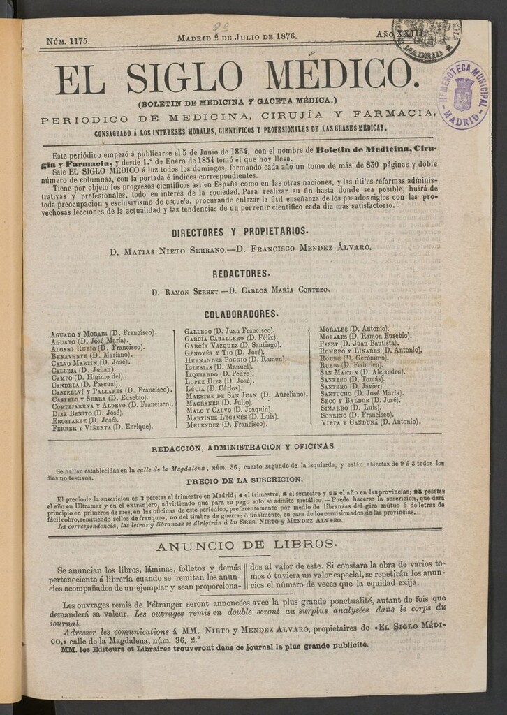 Miniatura de El Siglo Médico: boletín de medicina y gaceta médica del 2 de julio de 1876