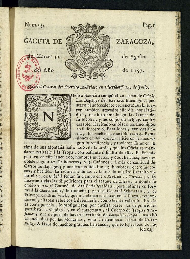 Miniatura de Gazeta de Zaragoza del 30 de agosto de 1757