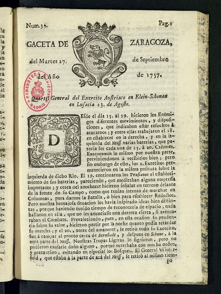 Miniatura de Gazeta de Zaragoza del 27 de septiembre de 1757