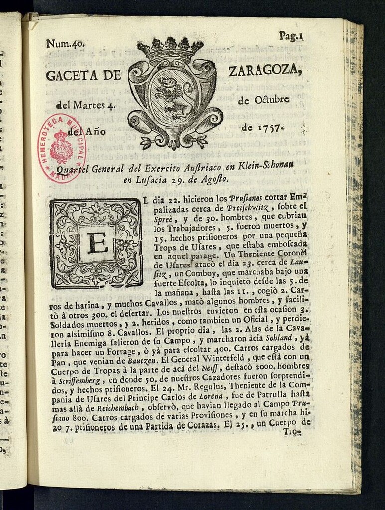 Miniatura de Gazeta de Zaragoza del 4 de octubre de 1757
