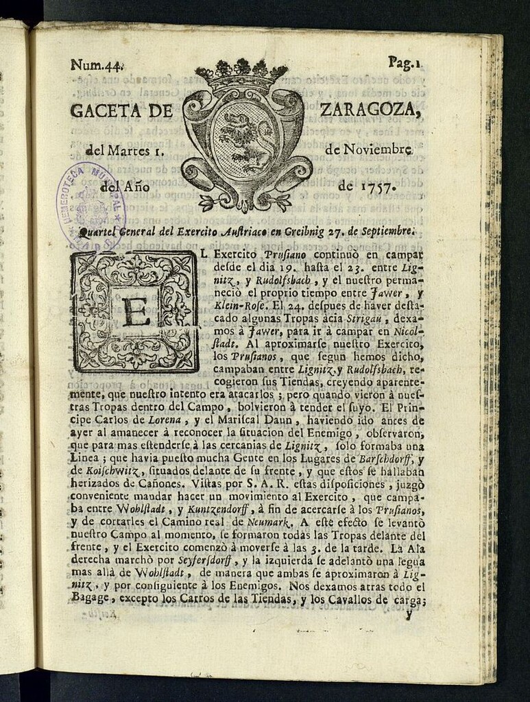 Miniatura de Gazeta de Zaragoza del 1 de noviembre de 1757