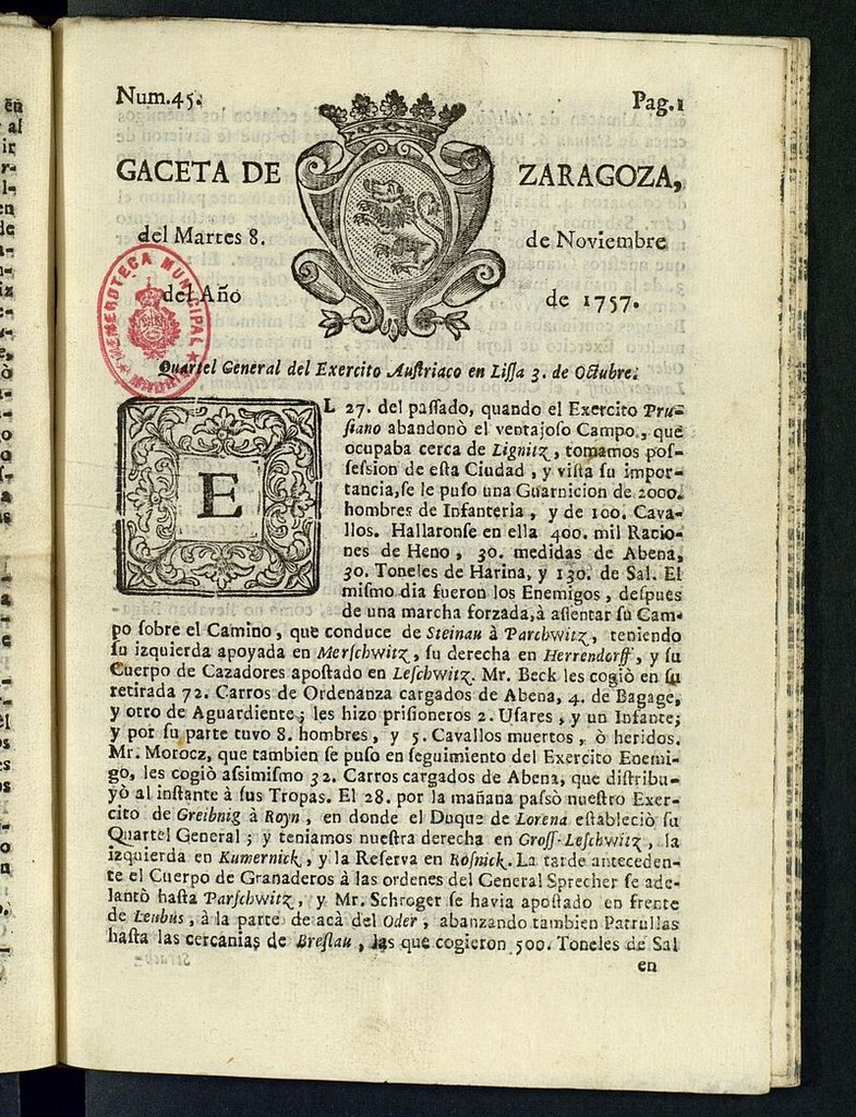 Miniatura de Gazeta de Zaragoza del 8 de noviembre de 1757