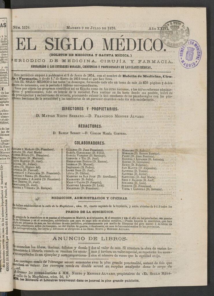 Miniatura de El Siglo Médico: boletín de medicina y gaceta médica del 9 de julio de 1876