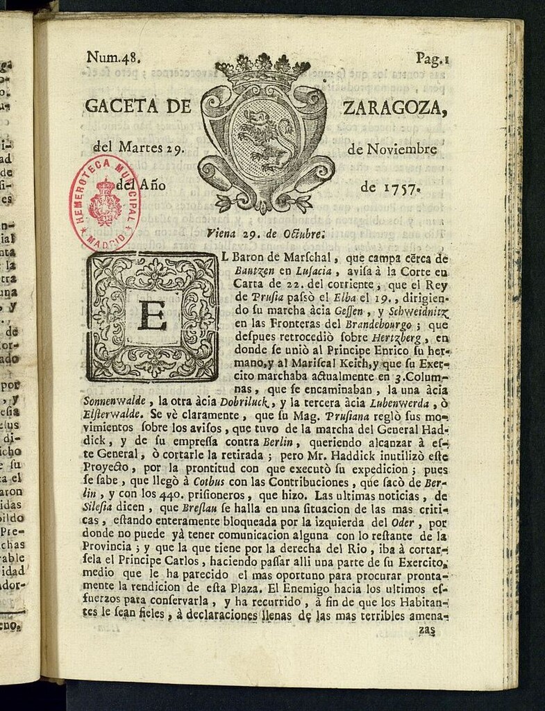 Miniatura de Gazeta de Zaragoza del 29 de noviembre de 1757