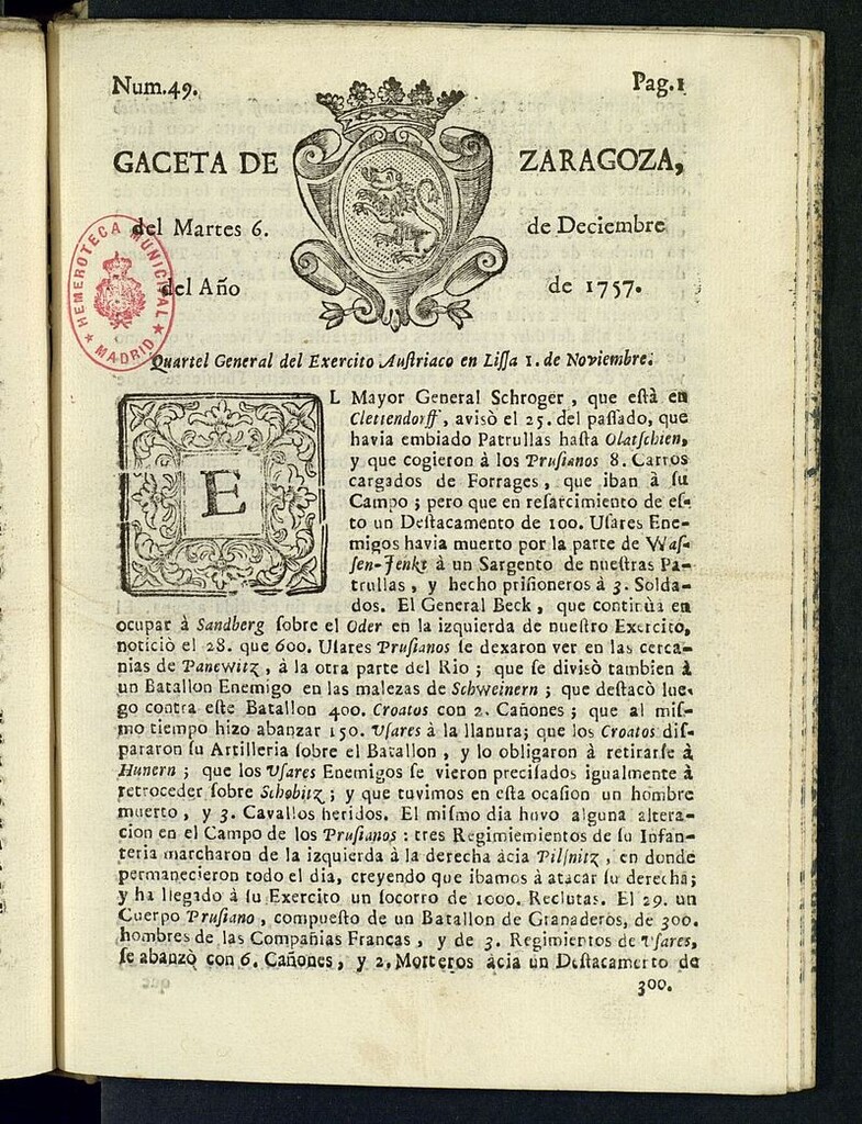 Miniatura de Gazeta de Zaragoza del 6 de diciembre de 1757