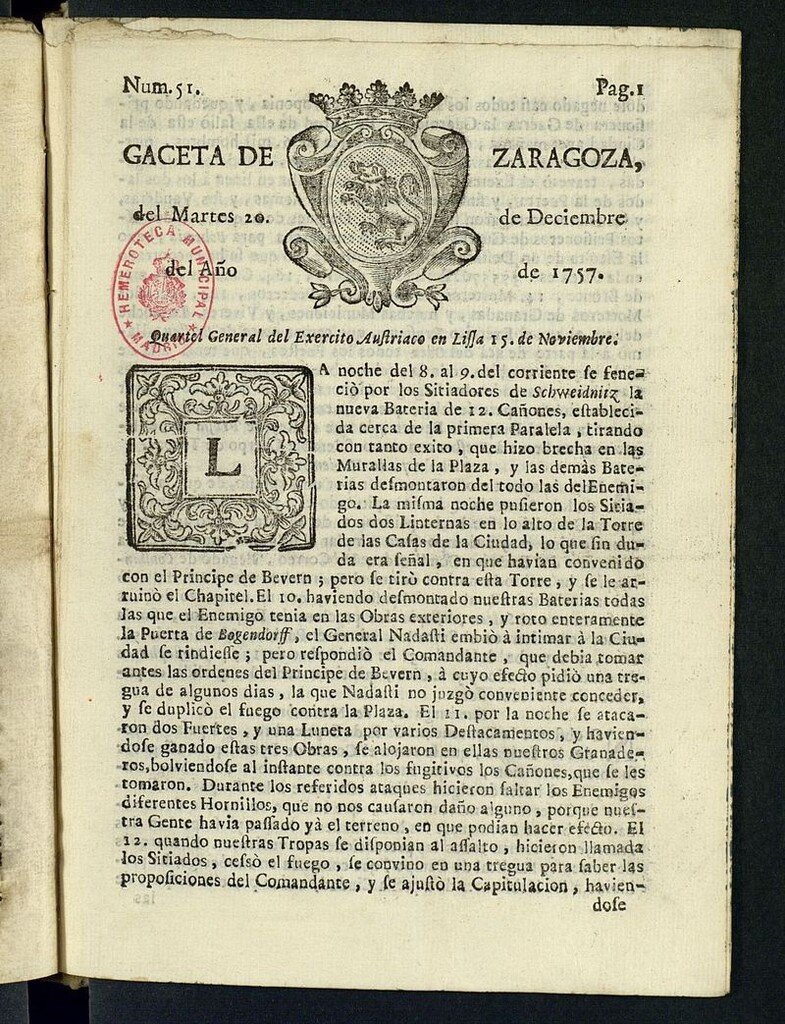 Miniatura de Gazeta de Zaragoza del 20 de diciembre de 1757