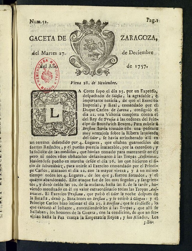 Miniatura de Gazeta de Zaragoza del 27 de diciembre de 1757