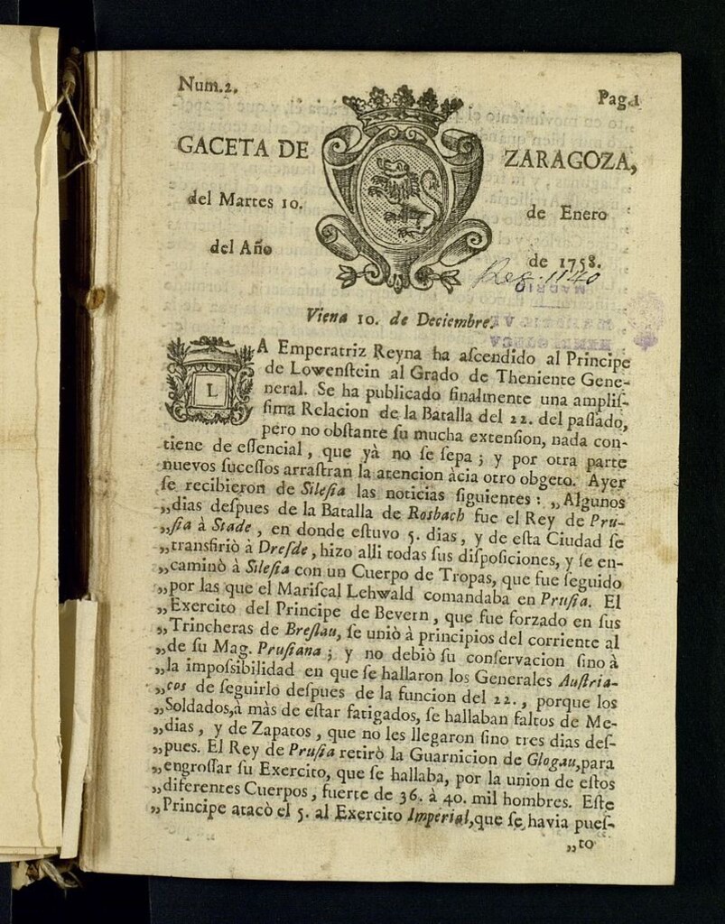 Miniatura de Gazeta de Zaragoza del 10 de enero de 1758