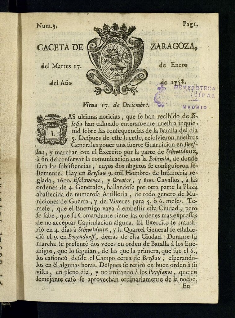 Miniatura de Gazeta de Zaragoza del 17 de enero de 1758