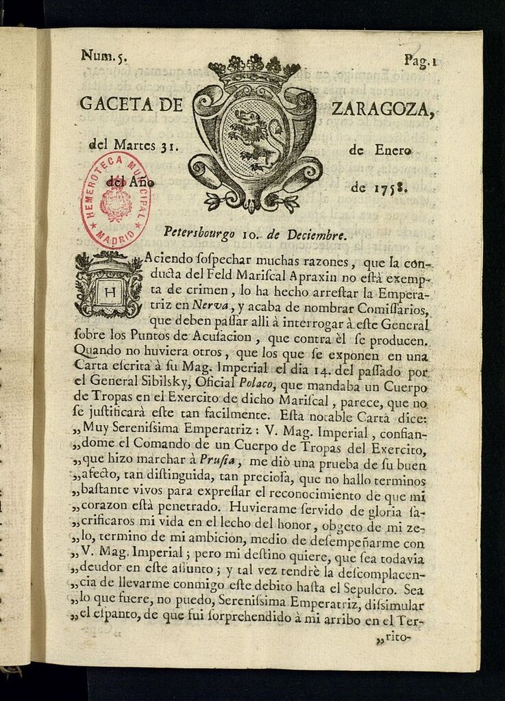 Miniatura de Gazeta de Zaragoza del 31 de enero de 1758