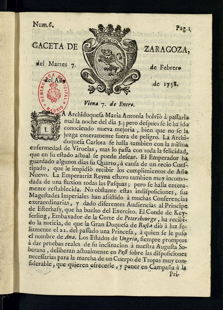 Miniatura de Gazeta de Zaragoza del 7 de febrero de 1758