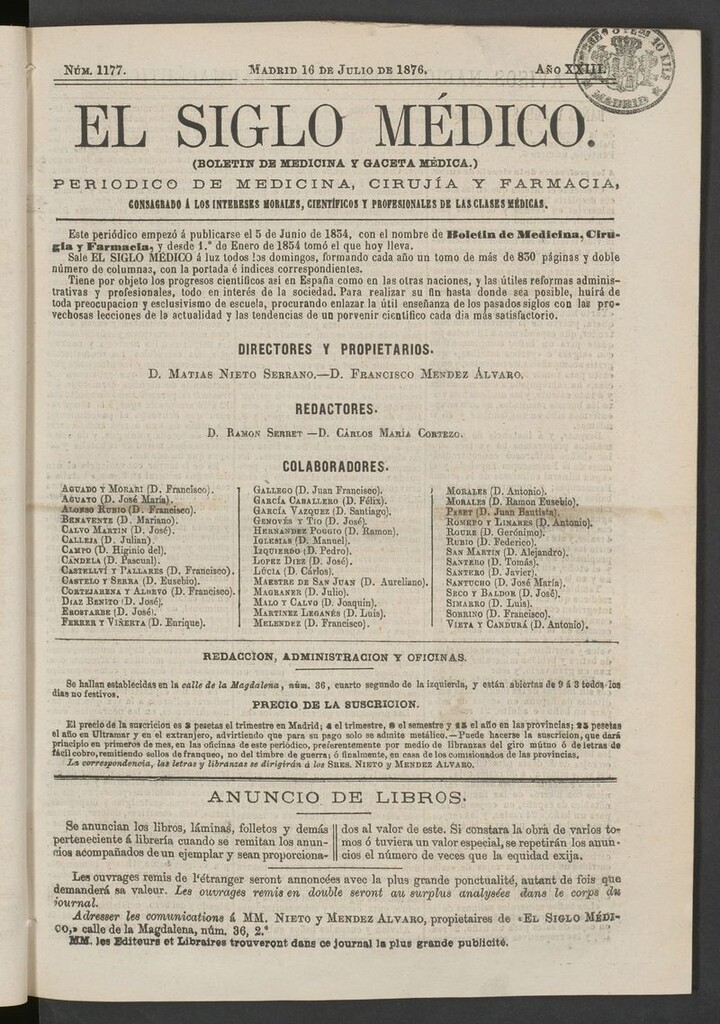 Miniatura de El Siglo Médico: boletín de medicina y gaceta médica del 16 de julio de 1876
