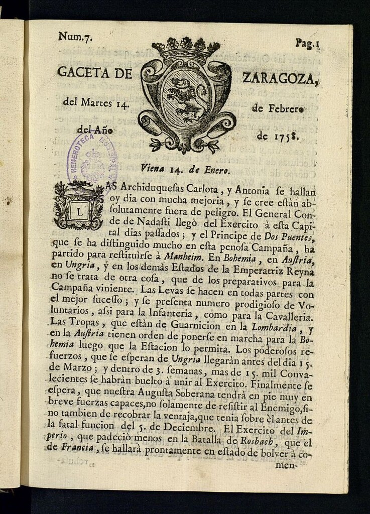 Miniatura de Gazeta de Zaragoza del 14 de febrero de 1758