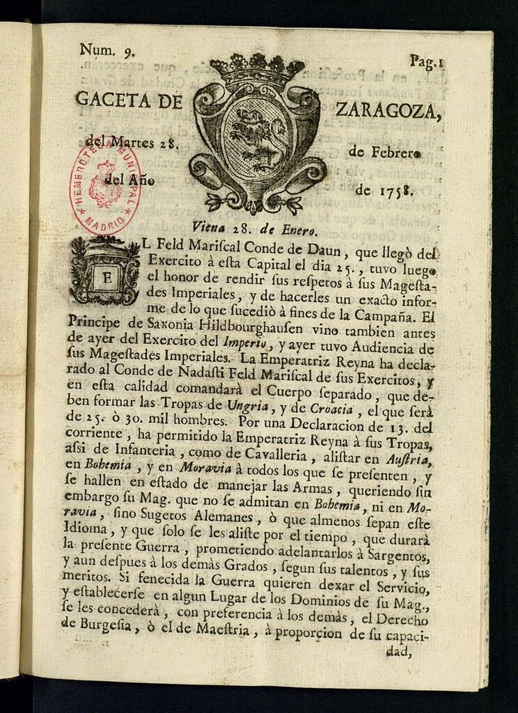 Miniatura de Gazeta de Zaragoza del 28 de febrero de 1758