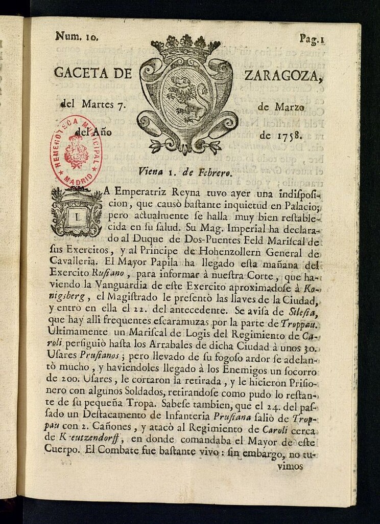 Miniatura de Gazeta de Zaragoza del 7 de marzo de 1758