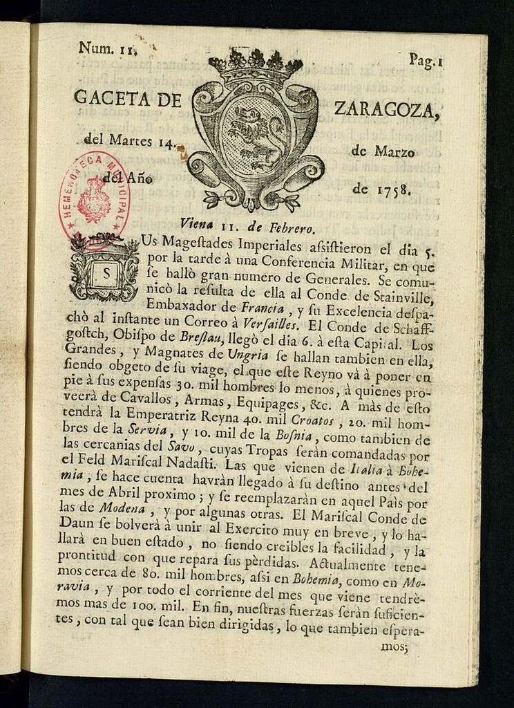 Miniatura de Gazeta de Zaragoza del 14 de marzo de 1758
