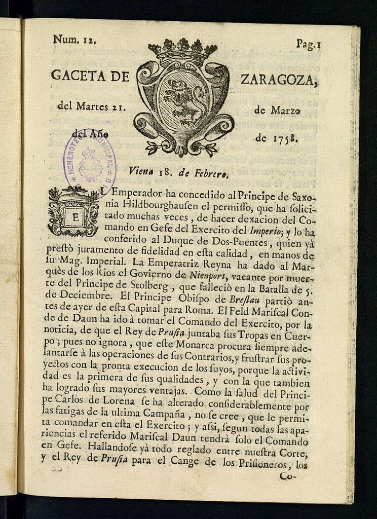 Miniatura de Gazeta de Zaragoza del 21 de marzo de 1758