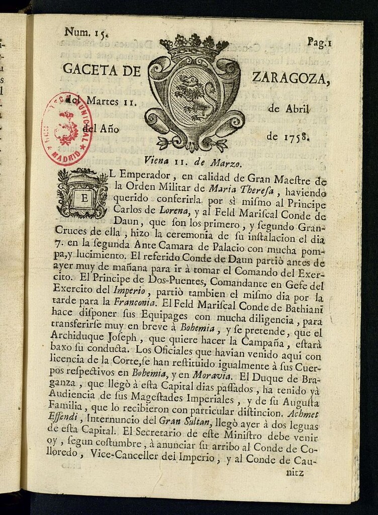 Miniatura de Gazeta de Zaragoza del 11 de abril de 1758