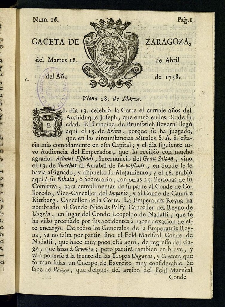 Miniatura de Gazeta de Zaragoza del 18 de abril de 1758