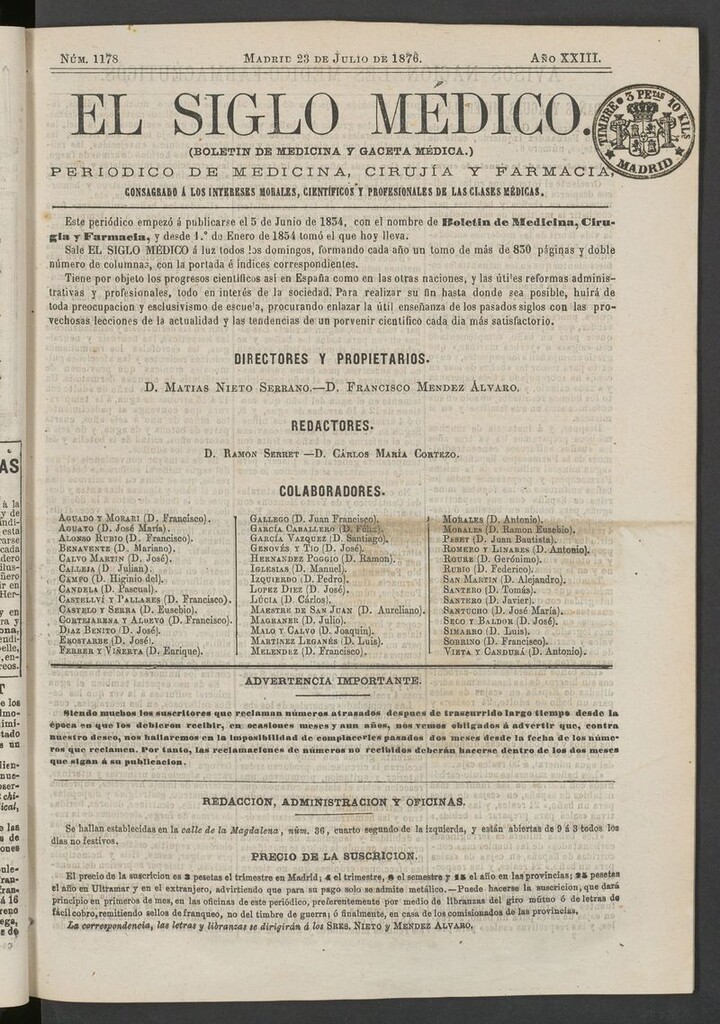 Miniatura de El Siglo Médico: boletín de medicina y gaceta médica del 23 de julio de 1876