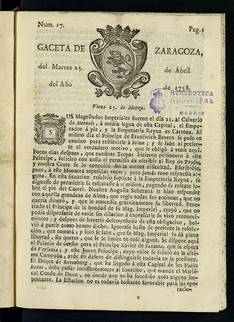 Miniatura de Gazeta de Zaragoza del 25 de abril de 1758