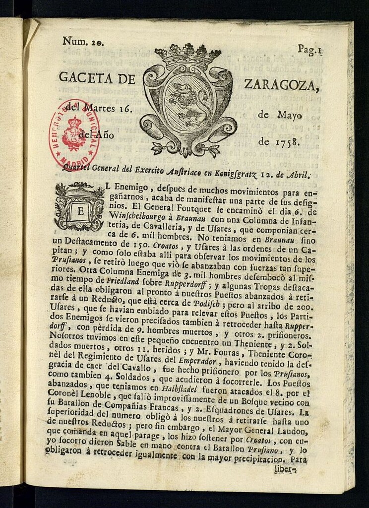 Miniatura de Gazeta de Zaragoza del 16 de mayo de 1758
