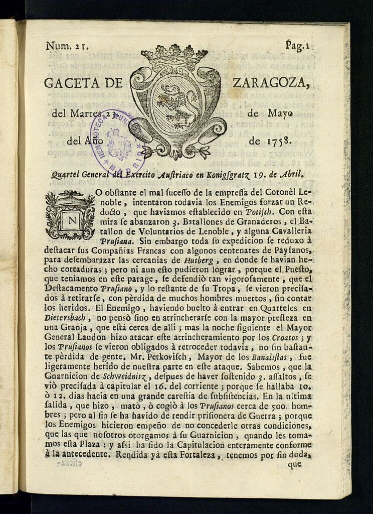 Miniatura de Gazeta de Zaragoza del 23 de mayo de 1758