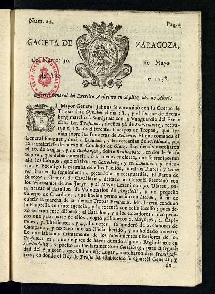 Miniatura de Gazeta de Zaragoza del 30 de mayo de 1758