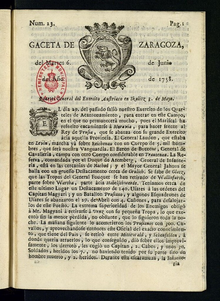 Miniatura de Gazeta de Zaragoza del 6 de junio de 1758