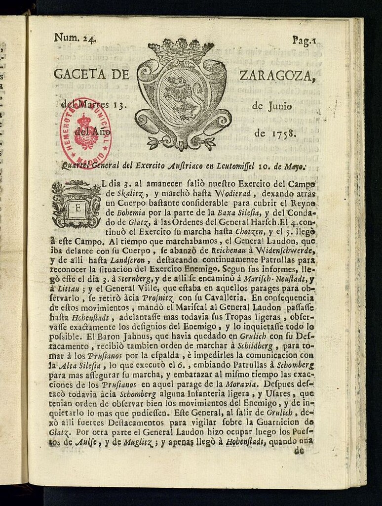 Miniatura de Gazeta de Zaragoza del 13 de junio de 1758
