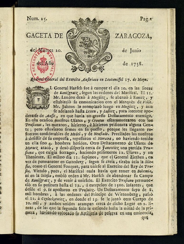Miniatura de Gazeta de Zaragoza del 20 de junio de 1758
