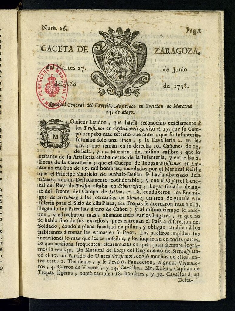 Miniatura de Gazeta de Zaragoza del 27 de junio de 1758