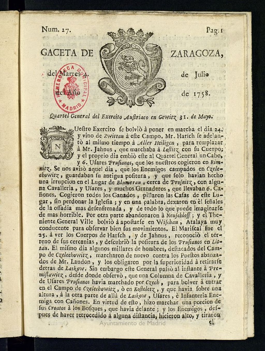 Miniatura de Gazeta de Zaragoza del 4 de julio de 1758