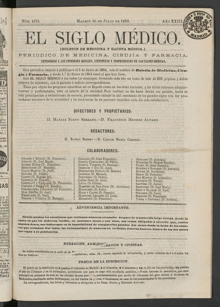 Miniatura de El Siglo Médico: boletín de medicina y gaceta médica del 30 de julio de 1876