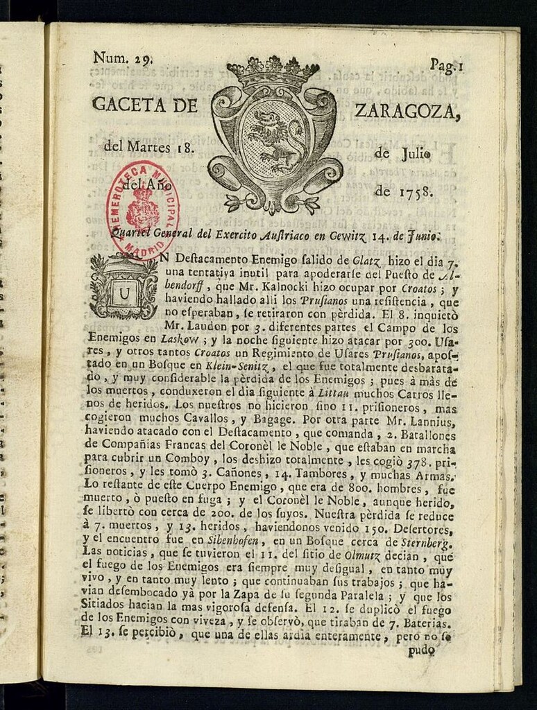Miniatura de Gazeta de Zaragoza del 18 de julio de 1758