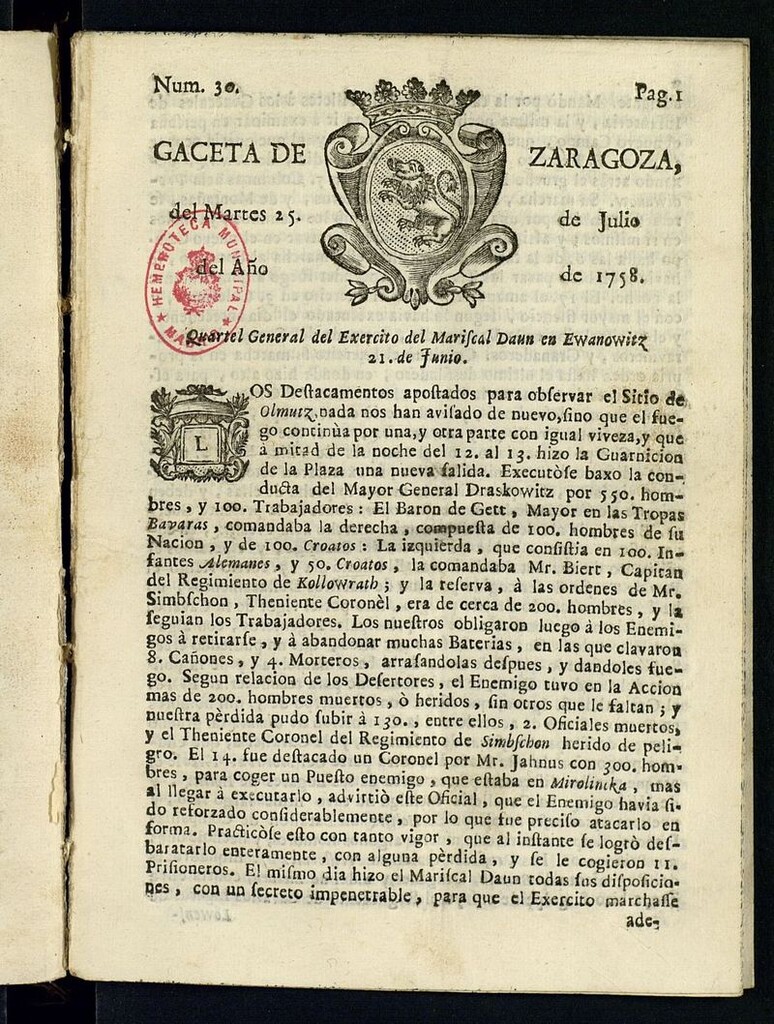 Miniatura de Gazeta de Zaragoza del 25 de julio de 1758
