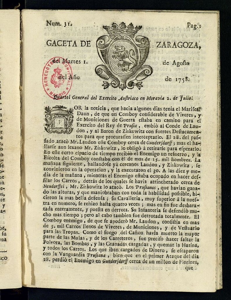 Miniatura de Gazeta de Zaragoza del 1 de agosto de 1758