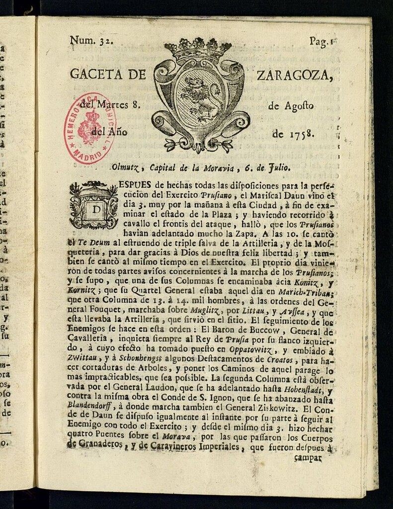 Miniatura de Gazeta de Zaragoza del 8 de agosto de 1758