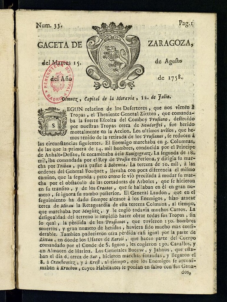 Miniatura de Gazeta de Zaragoza del 15 de agosto de 1758