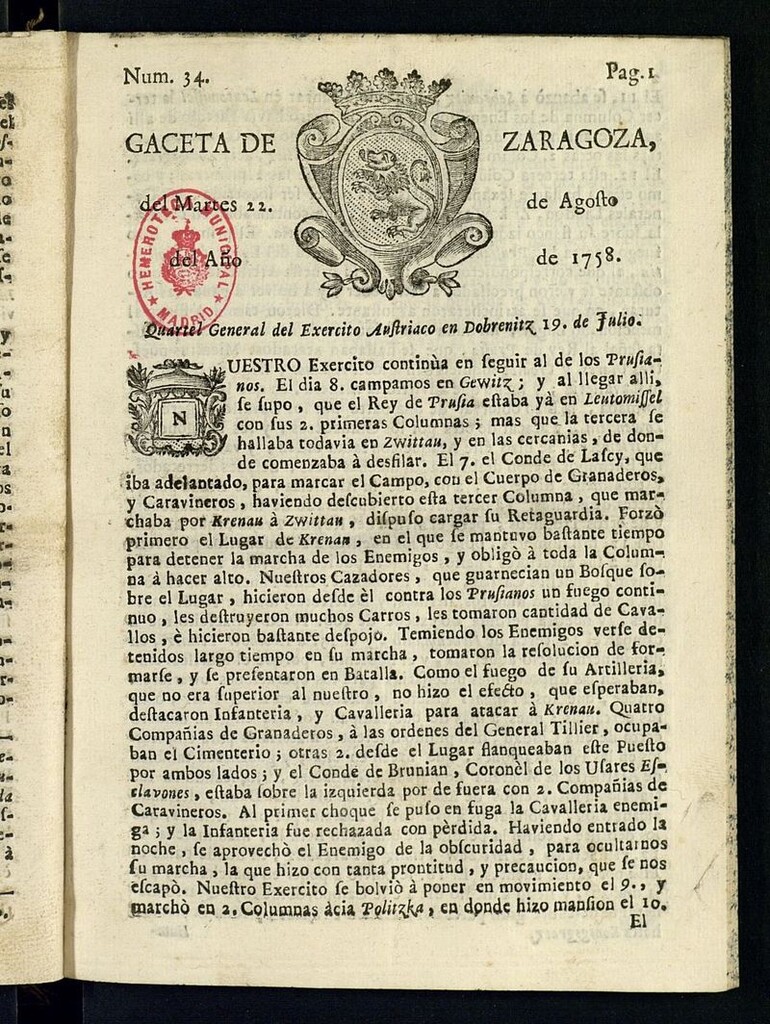 Miniatura de Gazeta de Zaragoza del 22 de agosto de 1758