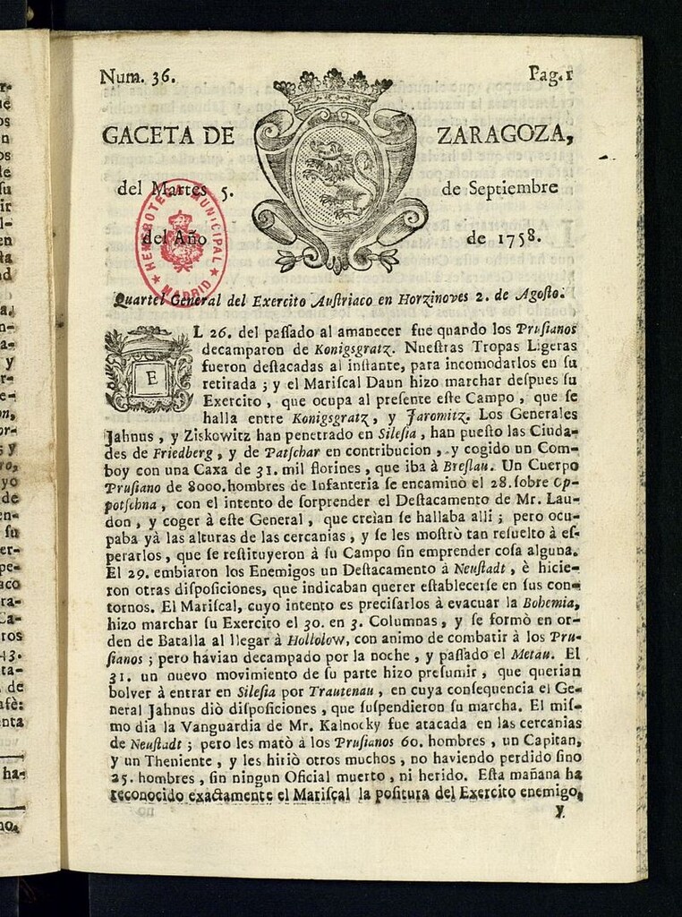 Miniatura de Gazeta de Zaragoza del 5 de septiembre de 1758