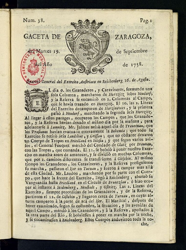 Miniatura de Gazeta de Zaragoza del 19 de septiembre de 1758