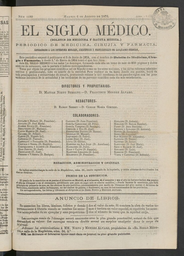 Miniatura de El Siglo Médico: boletín de medicina y gaceta médica del 6 de agosto de 1876