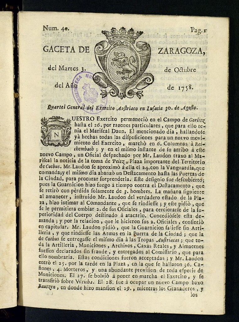 Miniatura de Gazeta de Zaragoza del 3 de octubre de 1758