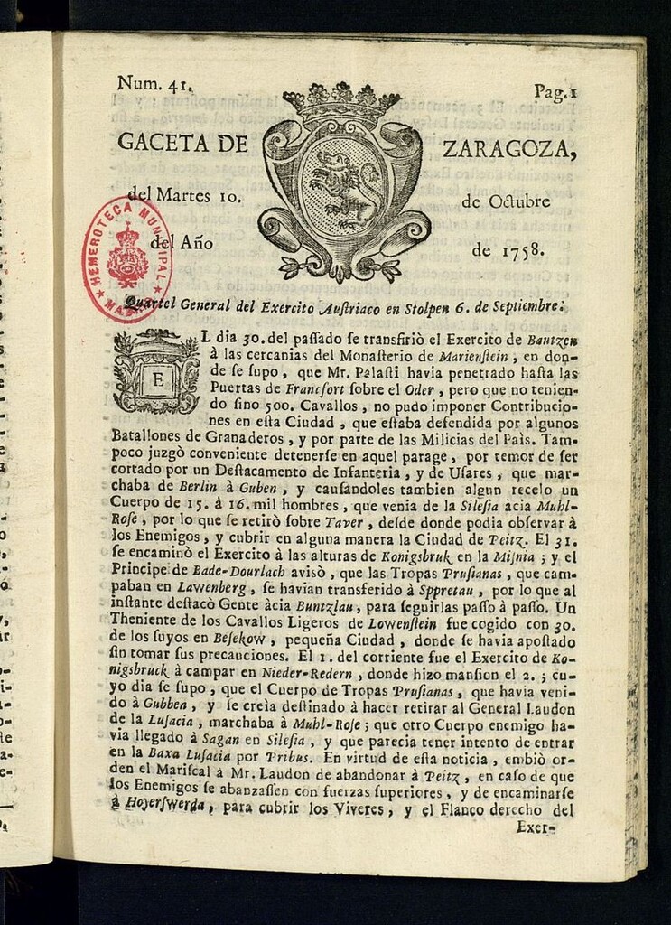 Miniatura de Gazeta de Zaragoza del 10 de octubre de 1758