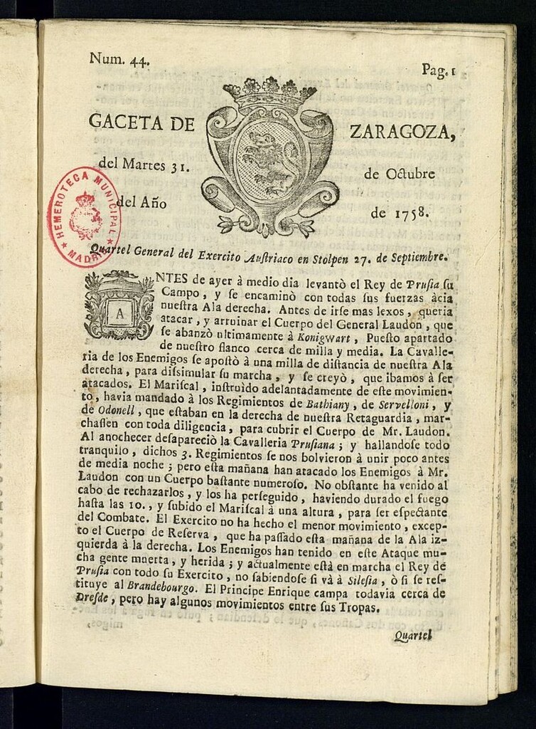 Miniatura de Gazeta de Zaragoza del 31 de octubre de 1758