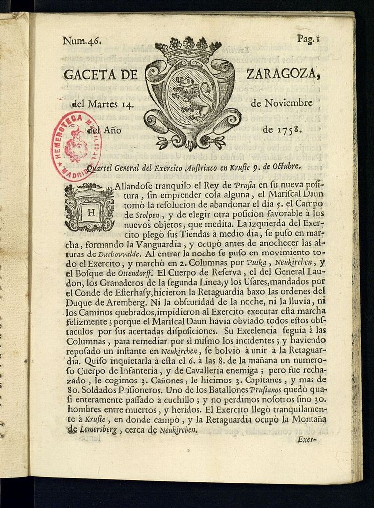 Miniatura de Gazeta de Zaragoza del 14 de noviembre de 1758