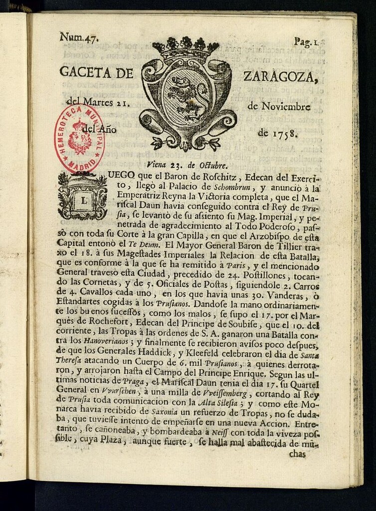 Miniatura de Gazeta de Zaragoza del 21 de noviembre de 1758