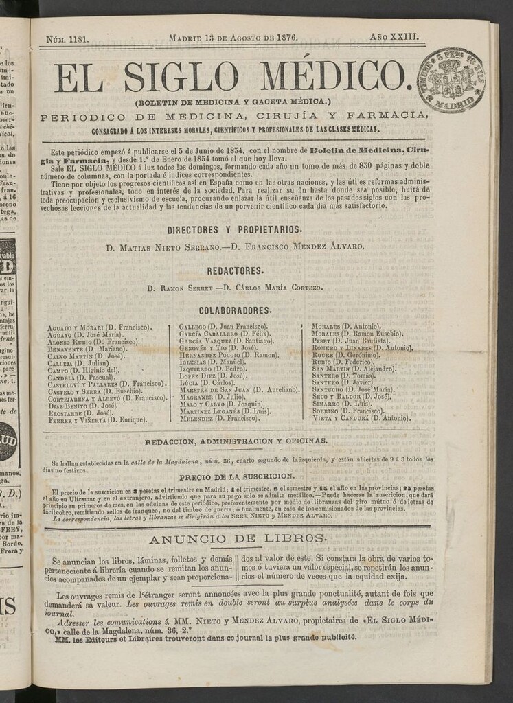 Miniatura de El Siglo Médico: boletín de medicina y gaceta médica del 13 de agosto de 1876