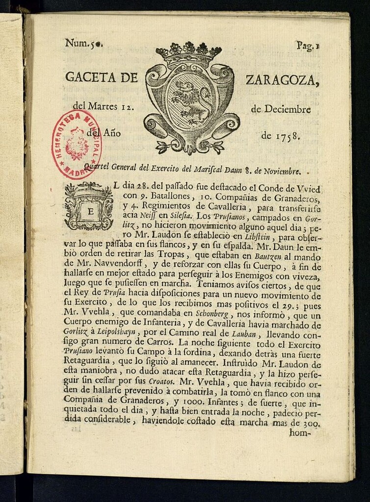 Miniatura de Gazeta de Zaragoza del 12 de diciembre de 1758